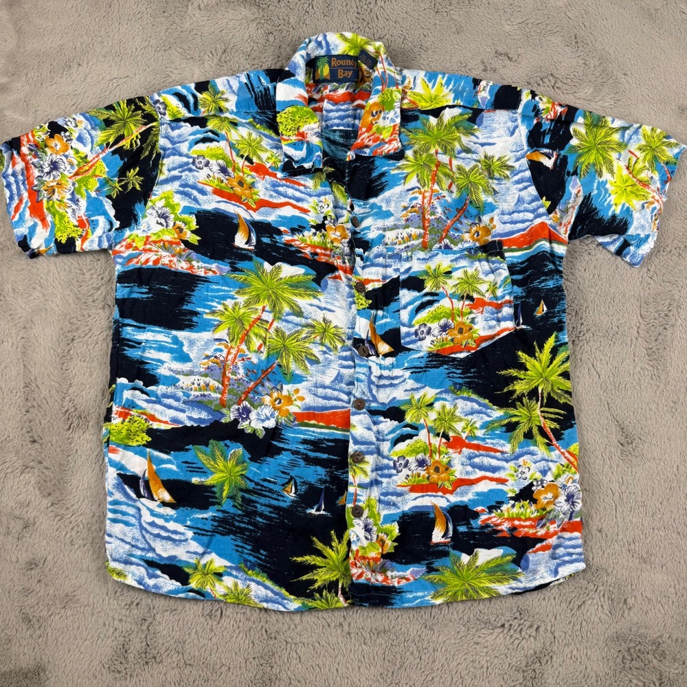 Roundy Bay Hawaiian‎ Shirt Tropical Palm Trees Button Up Short Sleeve
